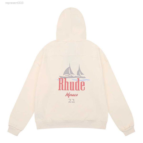 

rhude hoodie autumn/winter new niche beauty trend sailboat printed pure cotton terry men and couple hoodie sweater ijua, Black