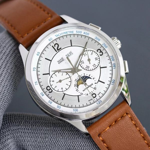 

men's highest quality chronological watch master made perfect reproduction original folding buckle waterproof 50 meter deep luxury temp, Slivery;brown