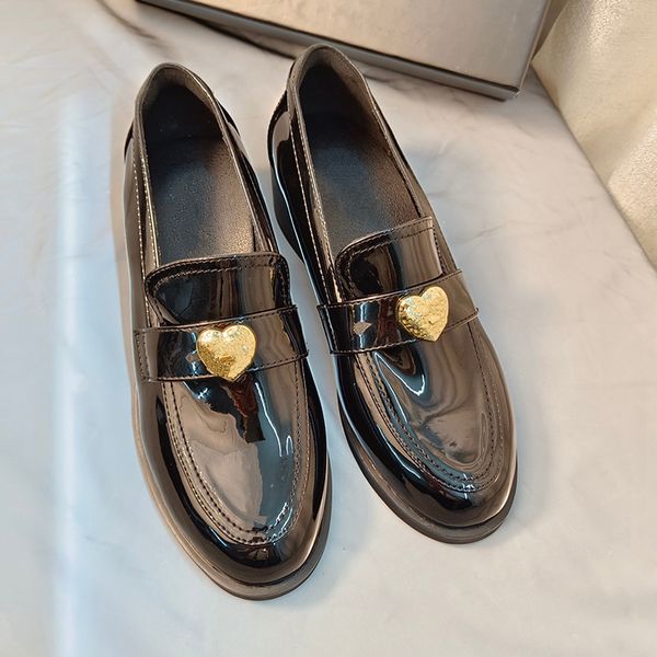 

designer loafer dress shoes womens fashion new black gold hardware thick soled shoe thick heeled shoes 5cm retro patent leather heart
