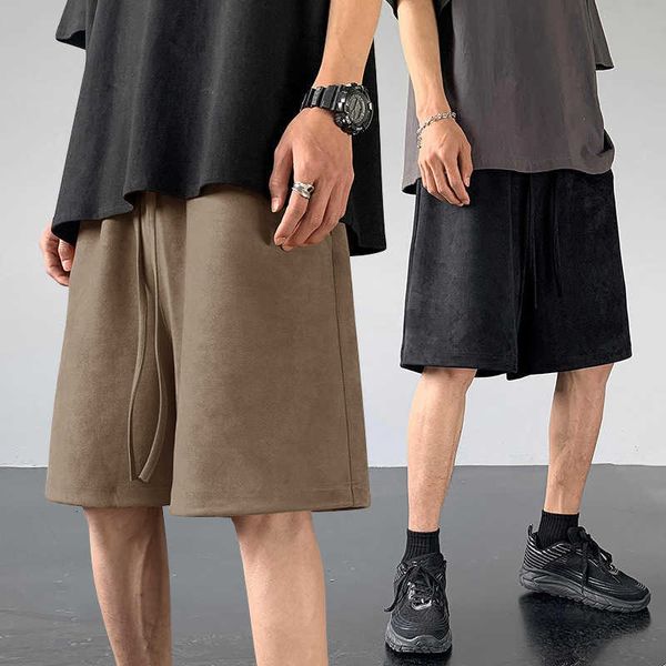 

men's shorts 2023 summer new simple suede sports fashion brand loose wide leg capris pants, White;black