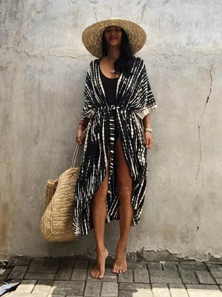 

pants summer beach cover ups vintage printed belted kimono swimwear long cardigan casual loose beachwear outfits swimsuit covers robe, Black