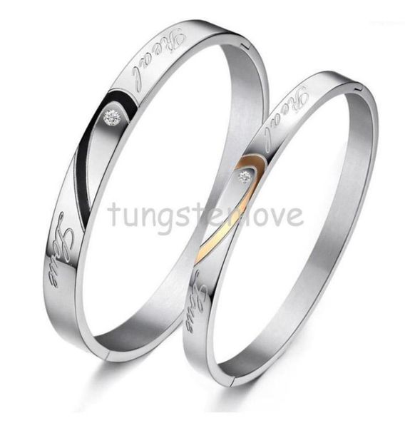 

bangle 1 piece couples bracelets heart shape stainless steel quotreal lovequot engraved promise for with rhinestone13857811, Black