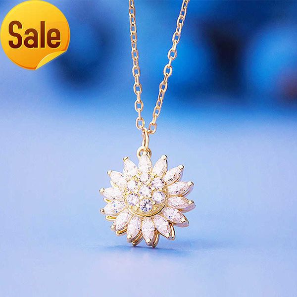 

niche design super flash micro-encrusted zirconium sunflower rotating clavicle chain pendant necklace woman, Silver