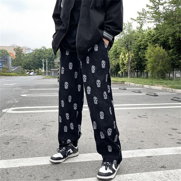 

men's pants 2023 gothic skull full print casual drawstring baggy men tracksuit corduroy straight sweatpants male hip hop long trousers, Black