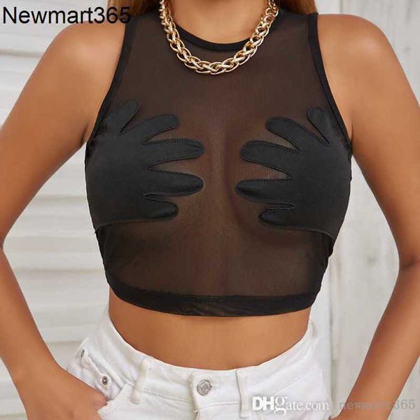 

2023 summer designer womens vest tank t-shirt round neck camis sleeveless perspective mesh splicing palm creative vests tees crop, White