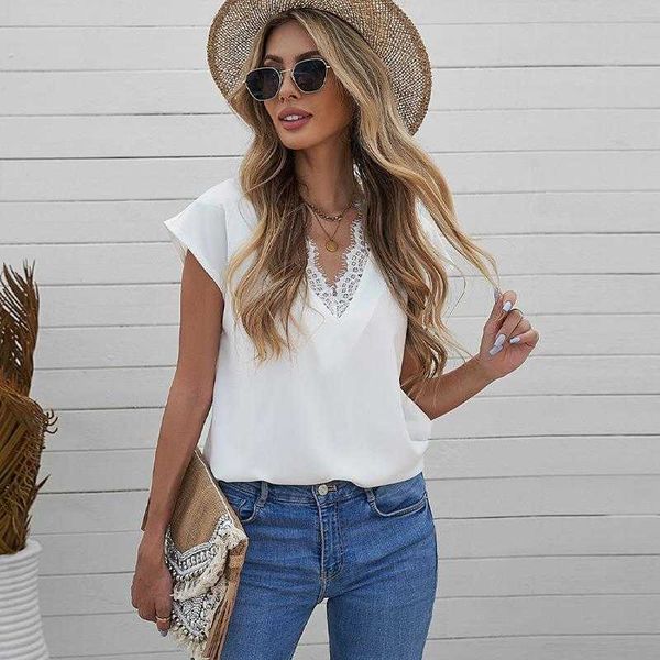 

lace v neck pullover chiffon shirt womens summer pure color all matching short sleeved top, White