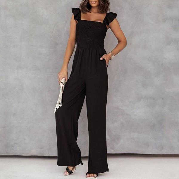 

summer solid color pocket casual jumpsuit loose wide leg, Black;white