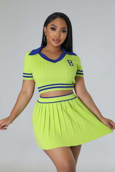 

two piece dress casual knitted stretch letter set women summer sport short sleeve crop pleated mini skirts outfits suits 230512, White