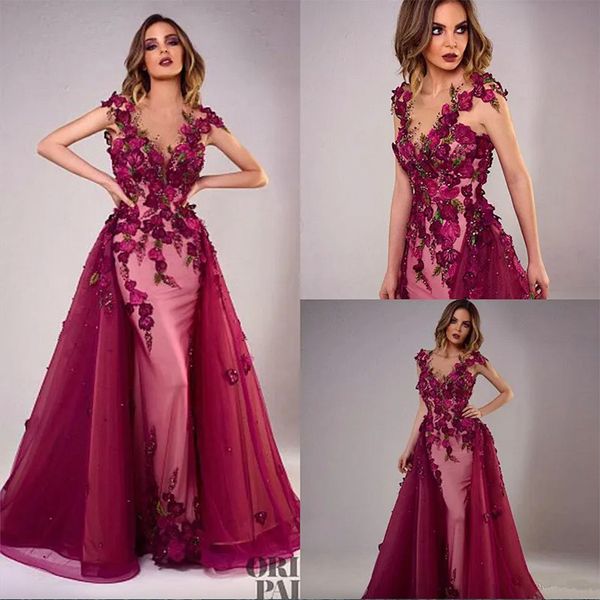 

new tony chaaya evening dresses with detachable train burgundy beads mermaid prom gowns lace applique sleeveless luxury party dress, Black;red