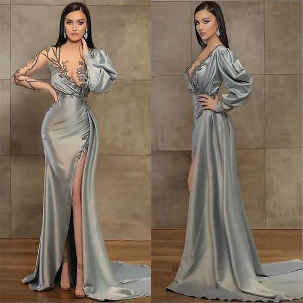 

illusion mermaid evening dresses v-neck long sleeve high-split sheer prom dress appliqued beaded satin sweep train party gown custom made, Black;red