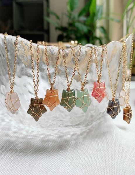 

natural stone wire wrap star pendant reiki healing crystal tiger eye quartz aventurines necklace for women jewelry3574399, Silver