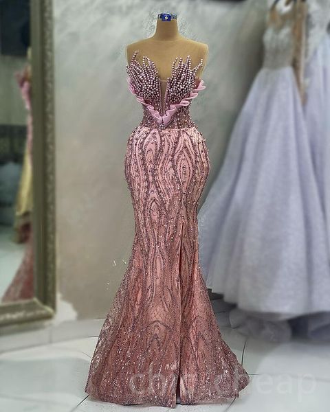 

aso ebi 2023 arabic pink mermaid prom dress pearls sequined lace evening formal party second reception birthday engagement gowns dresses rob, Black
