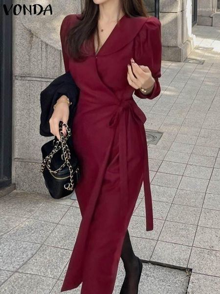 

casual dresses vonda summer dress 2023 women fashion long sleeve loose solid color elegant ol style midi sundress lapel bandage robe, White