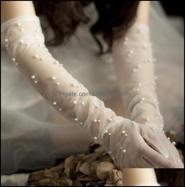 

bridal gloves wedding accessories party events bride pearl long design lace gauze transparent women dhi573888342, White