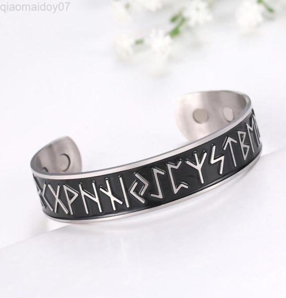 

skyrim stainless steel nordic runes viking cuff bangle wicca amulet vintage health magnetic bracelet jewelry gift for men women l27607079, Black