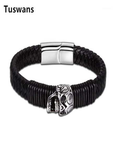 

bangle retro leather skull bracelet for men punk rock style bangles 316l stainless steel magnetic masculine gift13952631, Black