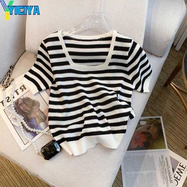 

yiciya women's t shirts summer design striped contrast color square neck t-shirt short sleeve knitted pullover slim thin casual women&#, White