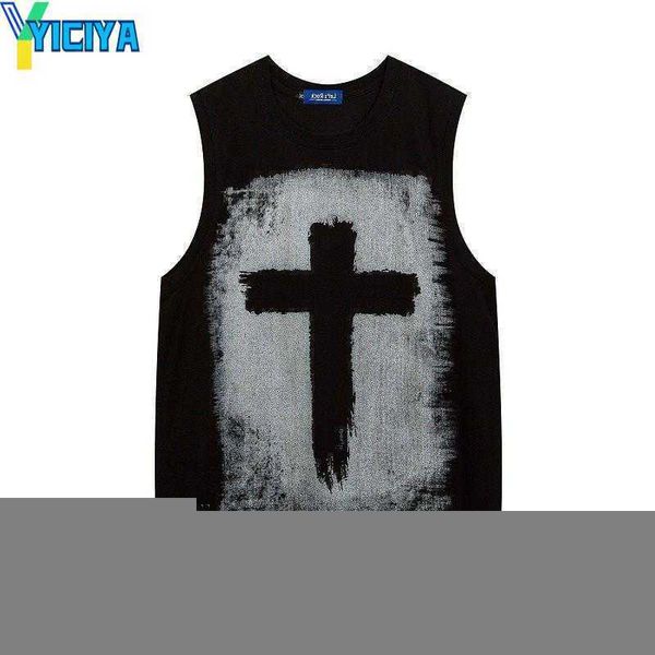 

yiciya women's tanks goth designed oversize girl tank cross printing patchwork round neck loose pullover gothic style lady 2023, White