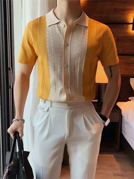 

men's polos summer casual slim short sleeve mens shirt fashion knitted striped patchwork shirts men turndown collar buttoned 230512, White;black