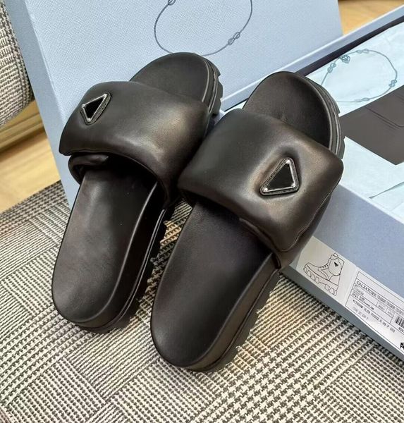 

soft padded nappa leather slippers slide summer platform sandals shoes slip-on triangle flats sandal women luxury designer slides slipper, Black