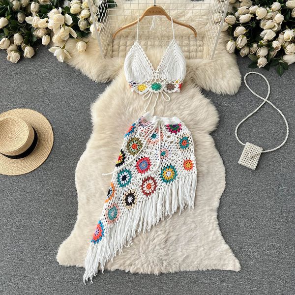 

two piece dress summer bathing suit women 2 set spaghetti straps bikini bra tassel hip skirts matching beho knitted hand crochet 230512, White