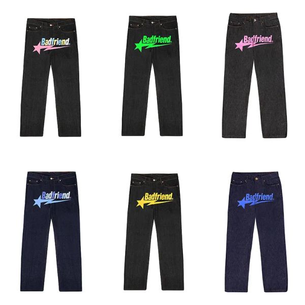 

2023 designer mens jeans university y2k jeans badfriend hip hop letter printed black pants men women fashion casual rock wide foot baggy vpq, Blue
