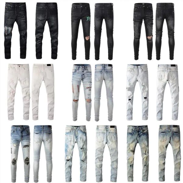

designer mens jeans denim high street embroidery pants fashion holes trouser hip hop distressed zipper trousers for male wpu, Blue
