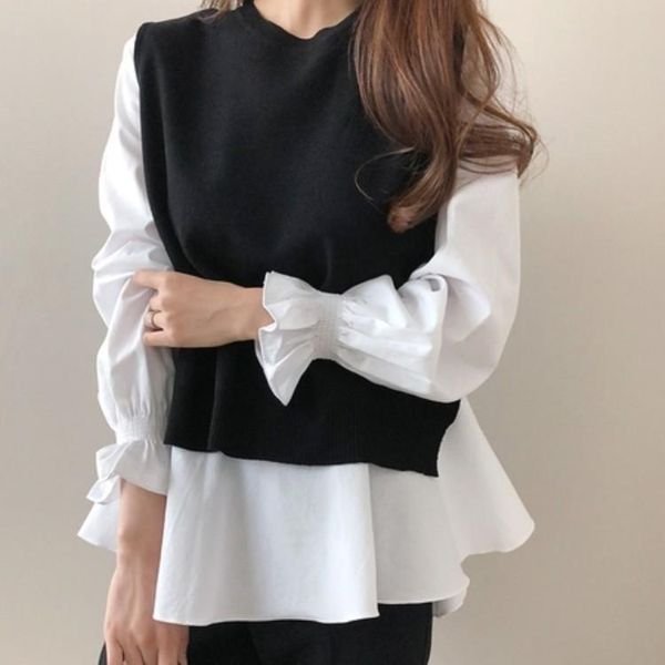

pants 2020 autumn women white ruffled long sleeve shirt+ black oneck pullover sleeveless vest office casual knitted vest 2 piece set