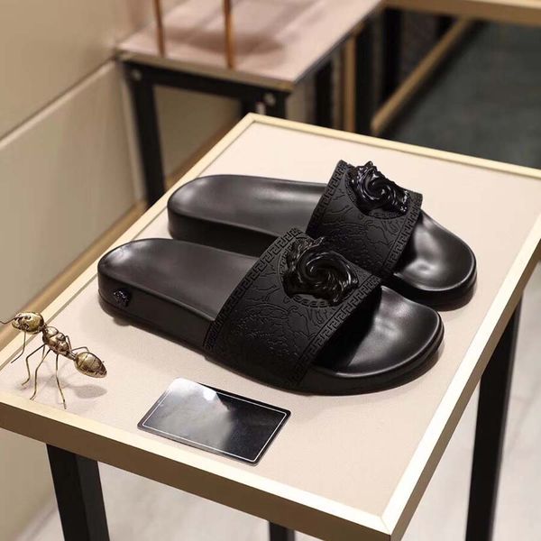 

designer chypre h slippers beach classic flat sandals luxury summer lady leather flip flops men women slides size, Black