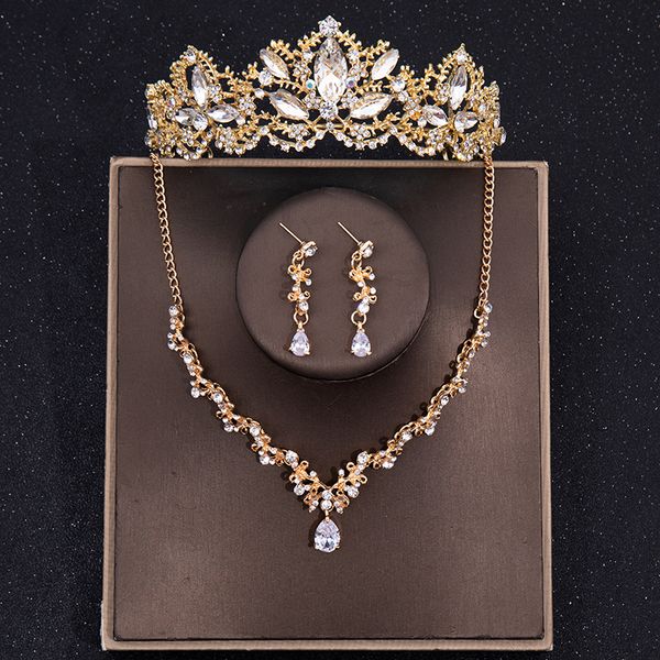 

golden leaf bride crown three piece set pink rhinestone crown necklace set banquet party ladies crown earrings necklace set, Silver