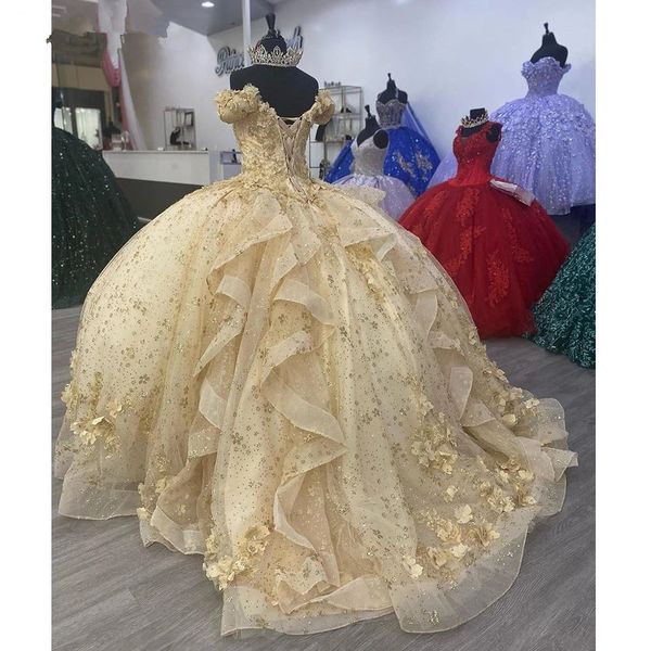 

champagne gold quinceanera dresses gillter off shoulder 3d floral lace-up corset cathedral train prom vestidos de 15 anos, Blue;red