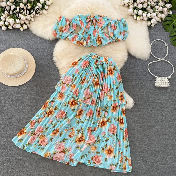 

two piece dress neploe egirls y2k fairycore streetwear fashion sets female off shoulder slim fit short floral blouses high waist aline skirt, White