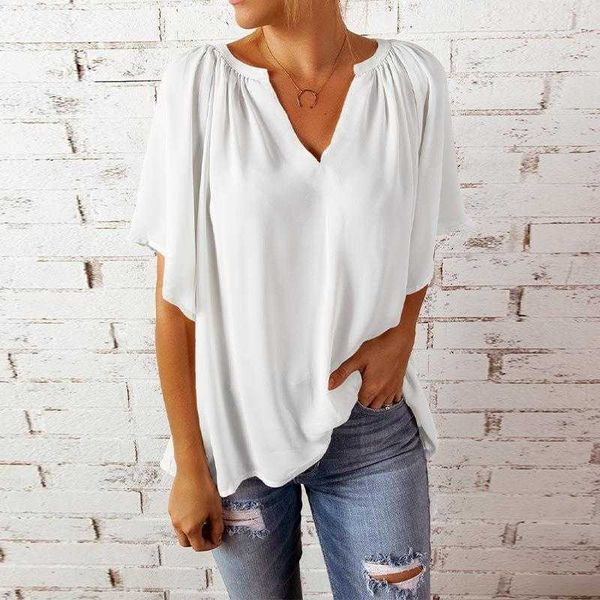 

summer loose half sleeve t shirt womens v neck pullover top, White