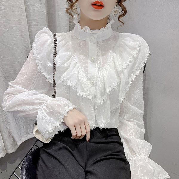 

shirts stand collar ladies slightly transparent women shirts blusas feminine 2023 new ruffle lace blouses shirt cardigan women 20i, White