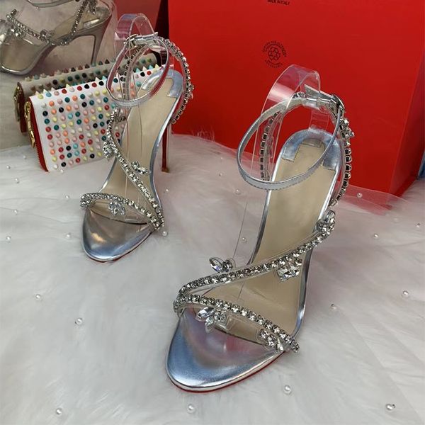 

2023 new sweet crystal chain red sole stiletto sandal fashion silver color 12cm 10cm 8cmred bottoms thin high heels women fashion sandals sh, Black