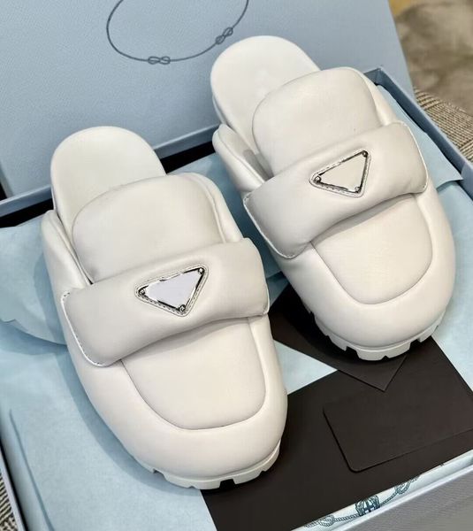 

soft padded nappa leather slippers slide summer platform sandals shoes slip-on triangle logo flats sandal women luxury designer slides slipp, Black