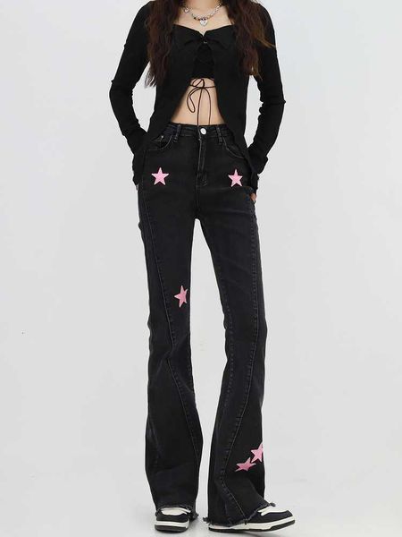 

women's pants s spring and autumn women clothing large size vibe wind girl micro flared jeans casual straight star applique 230512, Black;white