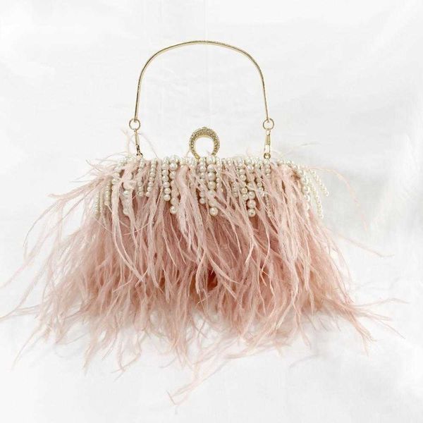 

evening bags ladies pink handbag pearl clutch luxury design women wedding purse feather shoulder messenger clutches prom 2023 230427