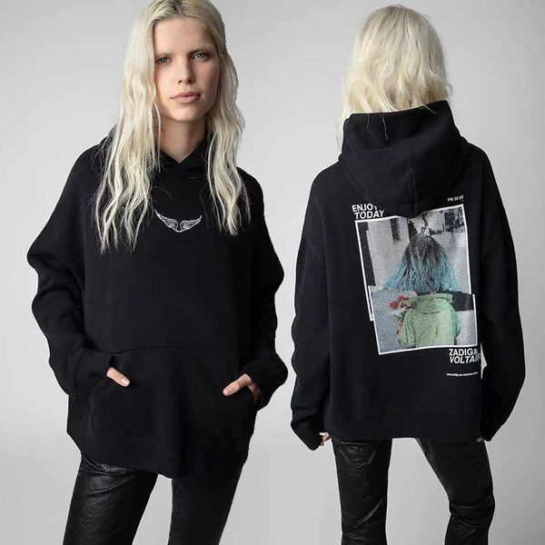 

23ss zadig voltaire designer sweatshirt new pullover jumper white ink digital printing girl fashion hoodie woman, Black