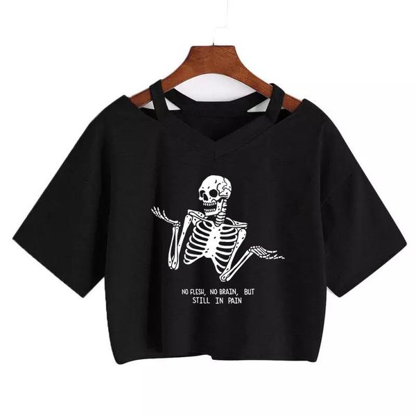 

t-shirt women vneck loose shortsleeve tshirt harajuku shirt streetwear y2k aesthetic clothing tee gothic clothes crop punk skull, White