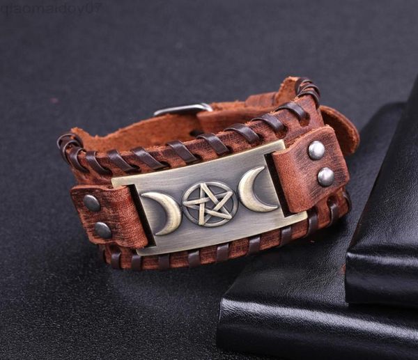 

skyrim vintage leather men bracelet triple goddess sign sliver color bronze copper metal connector adjustable bangles l2208129384857, Black
