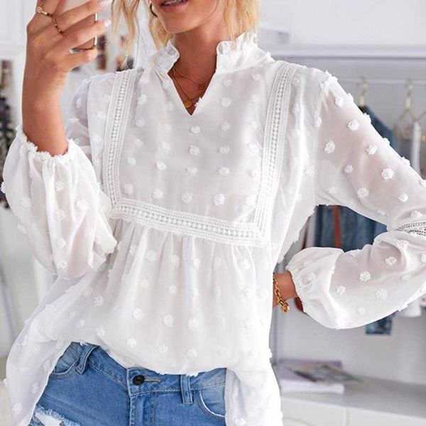 

spring and summer pure color chiffon shirt womens lace pullover v neck top, White