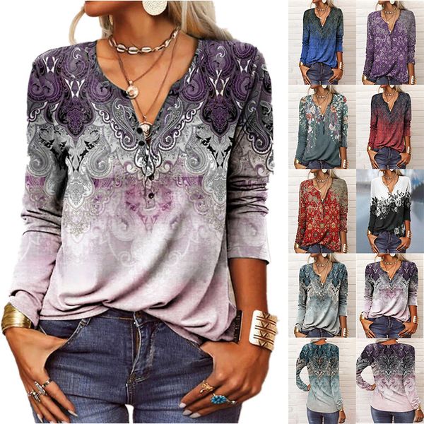 

women's tshirt ethnic bohemian tshirt spring autumn v neck casual vintage long sleeve oversize button printed pullover shirt 230512, White