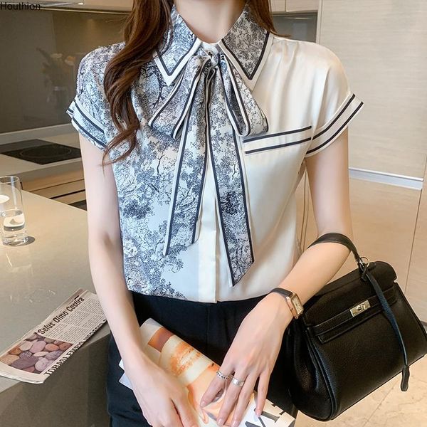 

pants satin loose large size women blouse summer new casual fashion short sleeve stitching bow collar shirt, Black