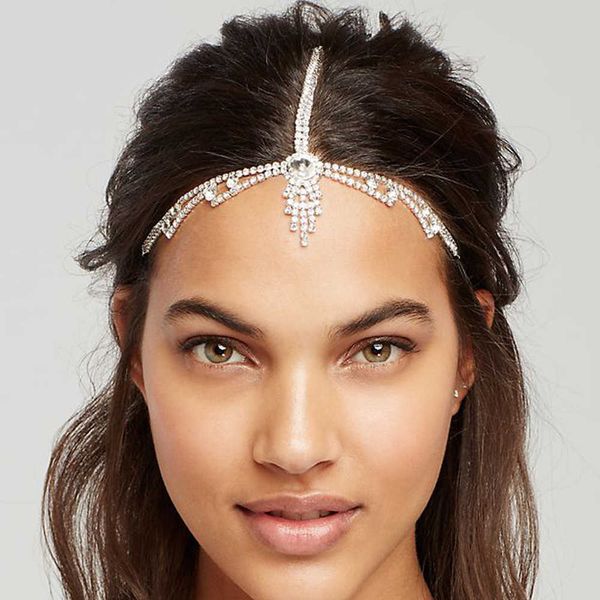 

bling crystal elastic hairband hair clip pin rhinestone tassel forehead chain full shiny stone hair band female hairdressing accessories hea, Golden;silver