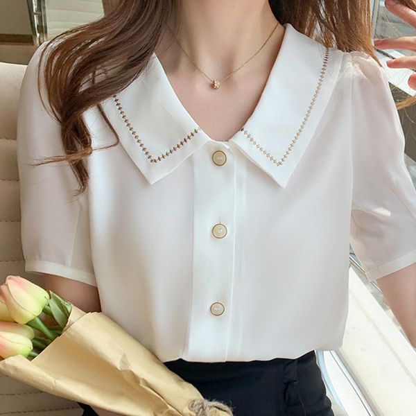 

shirts blusas blouses femme women turn down collar blouse women 2022 summer white blouse short sleeve chiffon blouse shirt e778