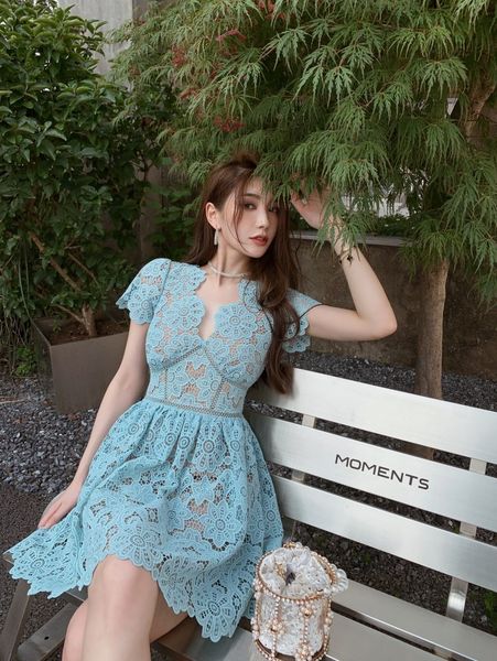 

casual dresses s-elf- portrait v-neck hollow out lace dr mini dress, Black;gray