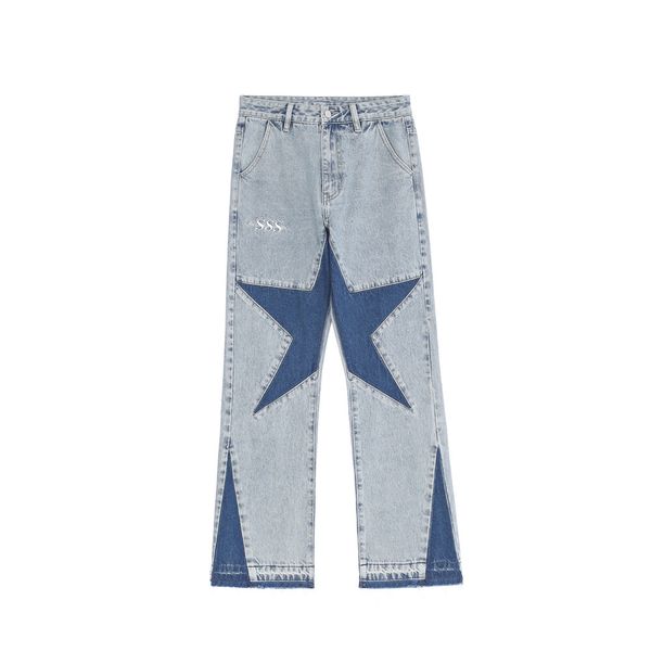 

23ss man contrasting color patchwork washed jeans for men's casual pants street trend loose fitting straight pants, Blue