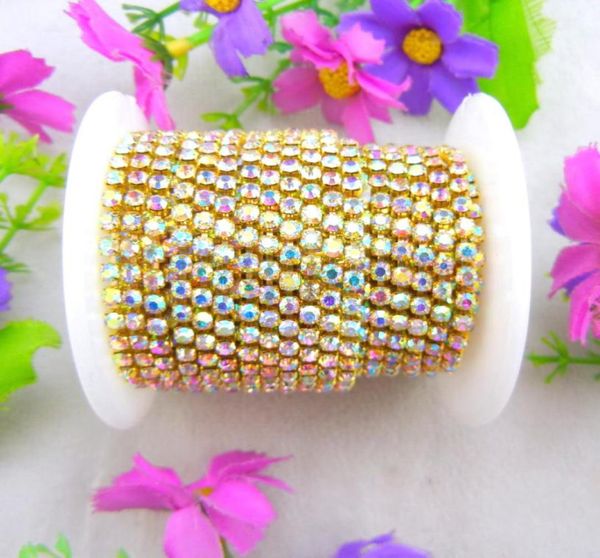 

10 yardsroll crystal ab color 2mm 25mm 28mm 3mm 4mm rhinestone beads gold base close cup chain sew on glue on diy decorations1387004, Black