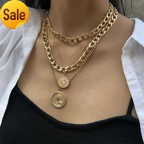 

exaggerated multi-layered punk chain choker necklace double layer carved coin pendant necklace, Silver